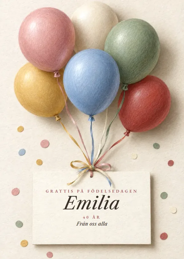 Kortets framsida: fem ballonger i färgpenna som bär namnkortet med Emilia